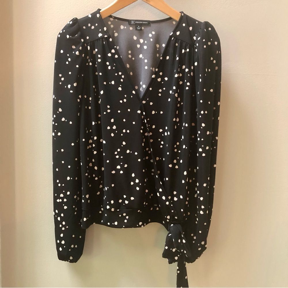 INC faux wrap black and white blouse woman’s size M